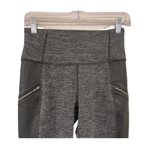 Athleta Black Grey Herringbone Faux Leather Zippered Pockets Leggings Size XS - Picture 6 of 11